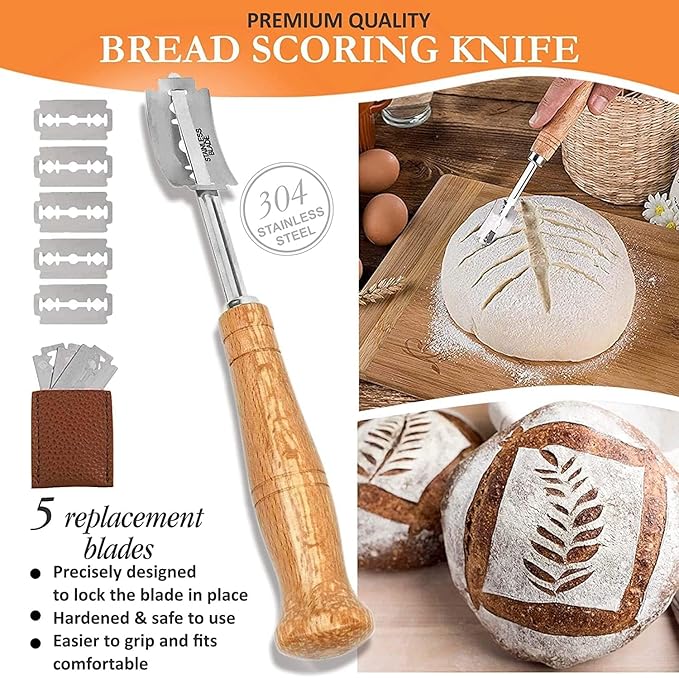 Banneton Bread Proofing Basket Set - 9 Inch round sourdough proofing basket with Silicone Bread Sling, Dough Scrapers, Bread lame, Dough Whisk and a Cleaning Brush