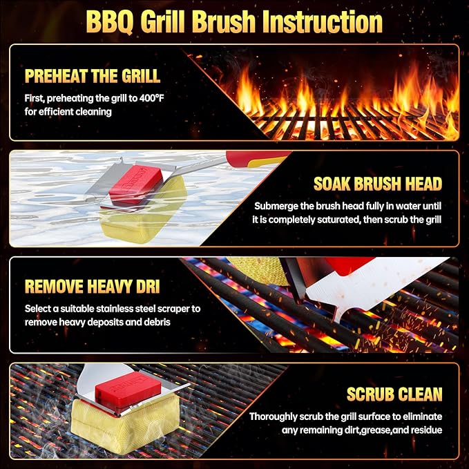 Grill Cleaning Brush Bristle Free Outdoor 19inch Extended Handle Grill Cleaner Brush for Cast Iron Stainless-Steel Grates, Replaceable BBQ Cleaning Brush Head, Steam Safe Grill Brush with Scraper, Red