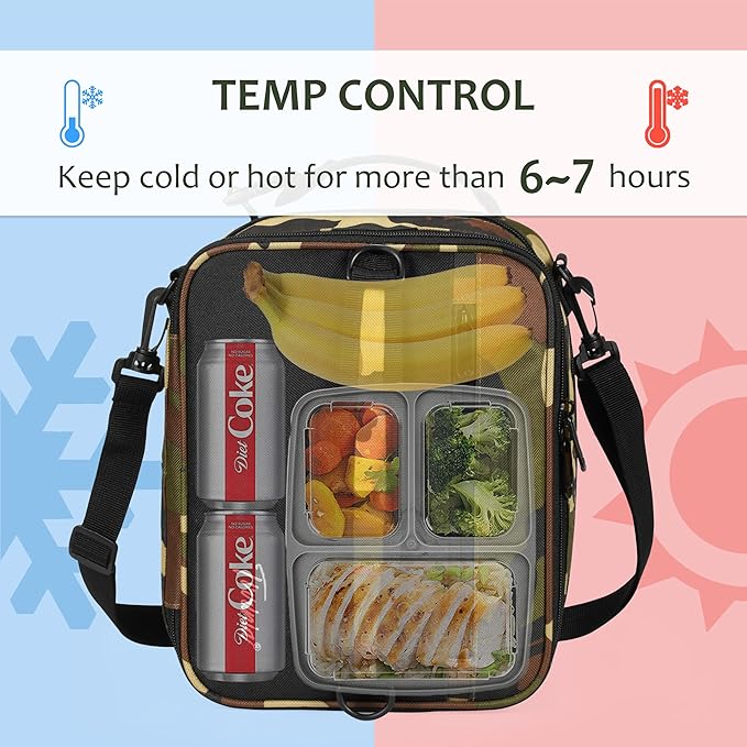 Tirrinia Expandable Insulated Lunch Bag for Men Women – Leakproof Reusable Cooler LunchBox for Kids & Adults with Shoulder Strap, Perfect for Work, School, Office, Travel,Camo