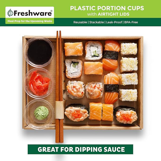 Freshware Plastic Portion Cups with Lids [2 Ounce, 100 Sets] Disposable Plastic Cups for Meal Prep, Salad Dressing, Jellos Shot Cups, Souffle Cups, Condiment and Dipping Sauce Cups