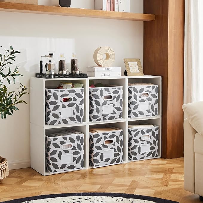 MAX Houser Fabric Storage Bins Cubes Baskets Containers with Dual Plastic Handles for Home Closet Bedroom Drawers Organizers, Flodable,Grey, Set of 6