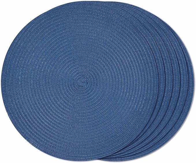 FunWheat Round Braided Placemats Set of 6 Place mats for Dining Tables Woven Heat Resistant Table Mats 15 inch (Blue,6pcs)