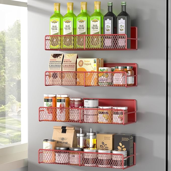 Magnetic Spice Rack for Refrigerator, 4 Pack 100% Metal Strong Magnet Fridge Shelves, Space Saving Spice Organizer, No Drilling Moveable Home Kitchen Laundry Room Storage Organization, Red
