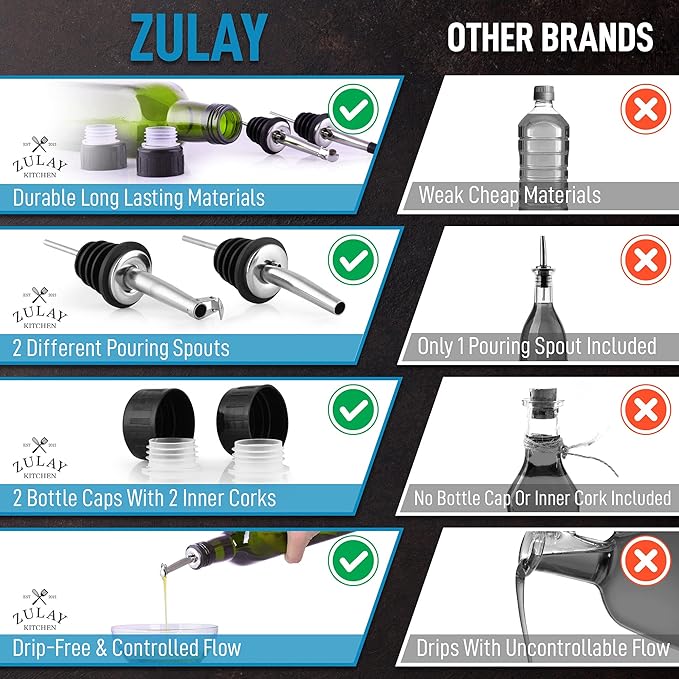 Zulay Kitchen 2-Pack 17oz Olive Oil Dispenser Bottle Set - Glass Bottles with 2 Spouts, 2 Removable Corks, 2 Caps, & 1 Funnel - Oil Bottle for Kitchen & Storing Liquids