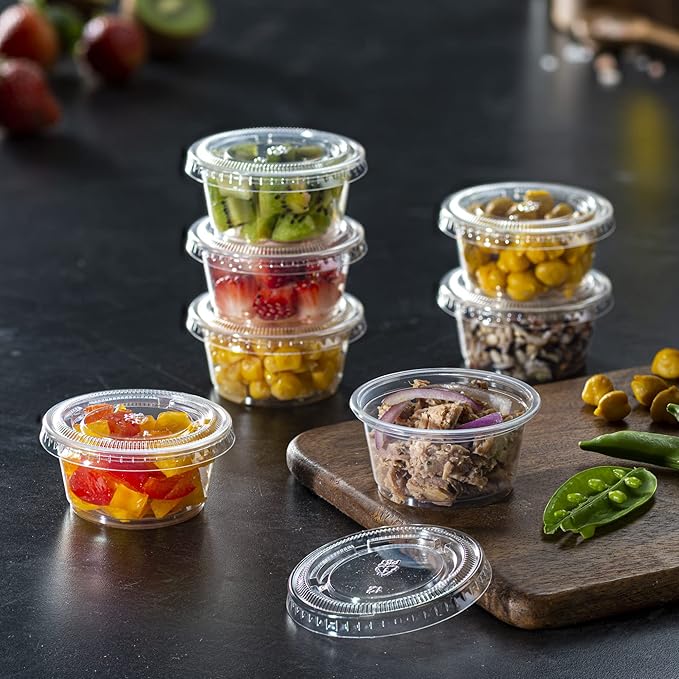 Pantry Value [2 oz. - 200 Count Clear Disposable Plastic Portion Cups with Lids - Small Plastic Condiment Containers for Sauce, Salad Dressings & Portion Control