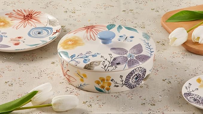Bico Blossom Symphony Ceramic Tortilla Warmer, 8.9 Inch Tortilla Holder with Lid for Taco Bread Pancake for Mexican Night and Party, Microwave and Dishwasher Safe