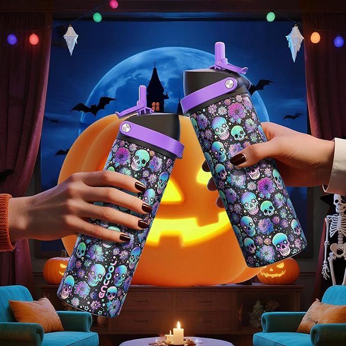 Halloween Insulated Water Bottle with Straw - Stainless Steel Water Bottle with Push Button Lid, Leak-Proof BPA-Free, Keeps Cold for 24 Hours for Halloween gifts, Party (32 oz, Floral Afterlife )