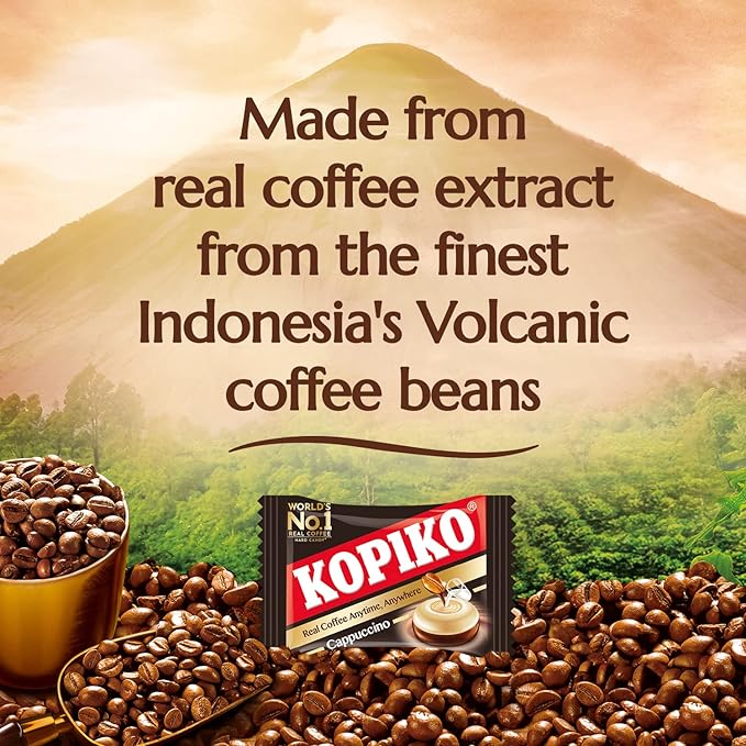 Kopiko Cappuccino Candy – Bold-Tasty Hard Candy from Indonesia with Real Coffee Extract – A Satisfying Boost for On-the-Go Energy (2-Pack 4.23oz Each)