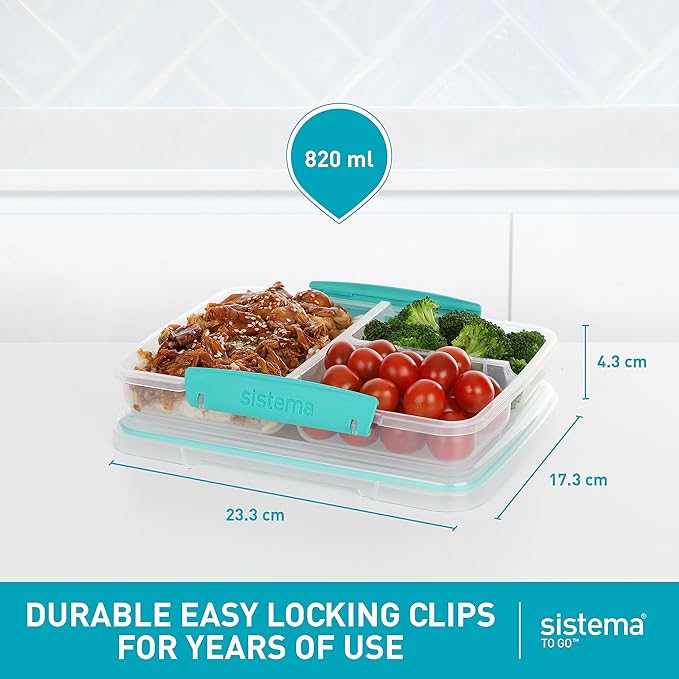 Sistema 5-Piece Food Storage Containers with 3 Compartments and Lids for Meal Prep, Dishwasher Safe, 11.8oz, Clear/Green