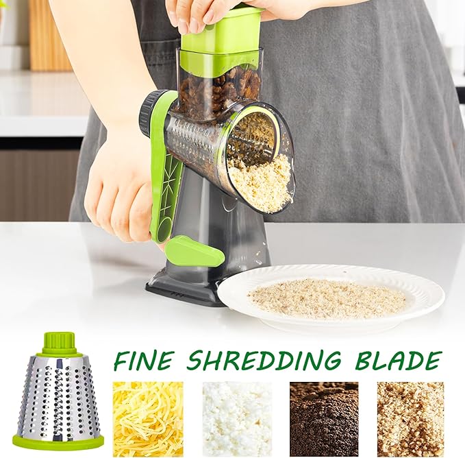 Cheese Grater Rotary Cheese Grater,Versatile Cheese Shredder,Blades for Shredding, Grating, Slicing,Cheese Shredder with Suction Base and Cleaning Brush Kitchen Gift (green)