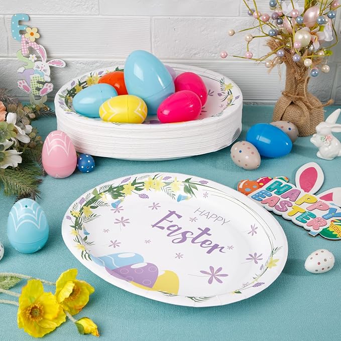 WDF 50Pack Easter Paper Plates - Oval Paper Plates 10" x 12" for Party Supplies Easter Eggs Large Disposable Platter for Easter Serving Tray