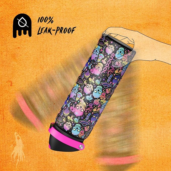 Halloween Insulated Water Bottle with Straw - Stainless Steel Water Bottle with Push Button Lid, Leak-Proof BPA-Free, Keeps Cold for 24 Hours for Halloween gifts, Party (32 oz, Trippy Skulls)
