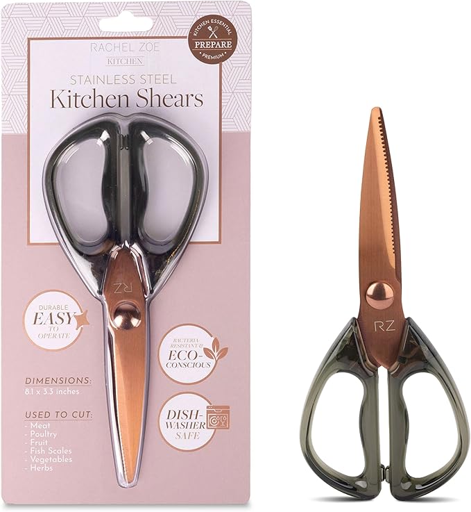 Rachel Zoe Multi-Purpose Kitchen Scissors, Stainless Steel Shears with Protective Sheath & Soft Handle Grips, Dishwasher Safe, Vegetables, Fruits & Meat Cutting Scissors, Essentials (Green/Copper)