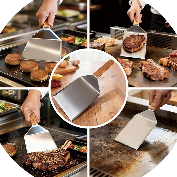 Smash Burger Spatula, Premium Large Meta Spatula - 6x5 inch Extra Wide Spatulas for Griddles & Grills, Steel Heavy Duty, Wooden Handle （2pcs）