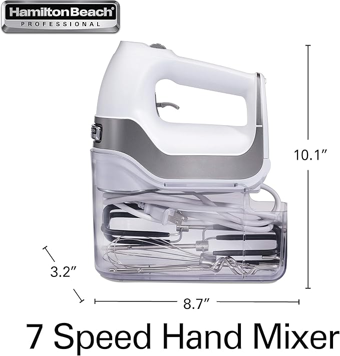 Hamilton Beach Professional 7-Speed Digital Electric Hand Mixer with High-Performance DC Motor, Slow Start, Snap-On Storage Case, SoftScrape Beaters, Whisk, Dough Hooks, White (62656)