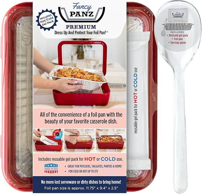 Fancy Panz - Red Premium Aluminum Foil Pan Carrier with Lid & Hot/Cold Pack - Elevated Food Serving Tray - Portable Casserole Carrier with Lid - Made in the USA Hosting Essentials