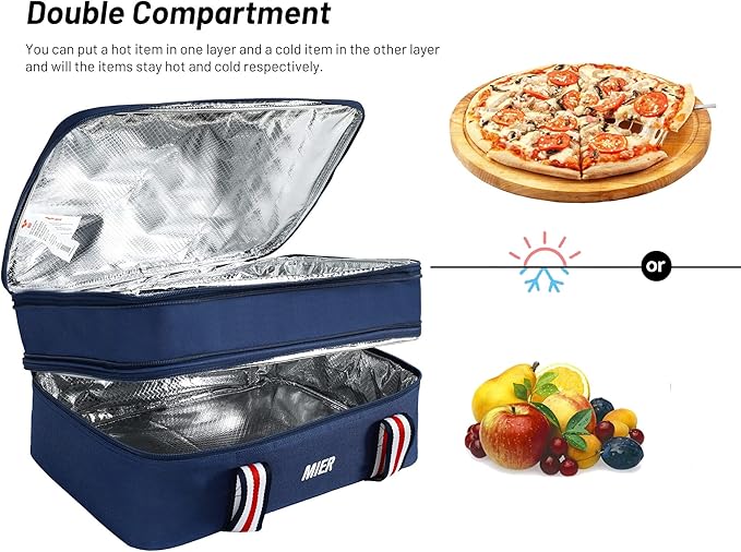 MIER Insulated Double Casserole Carrier Thermal Lunch Tote for Potluck Parties, Picnic, Beach, Fits 9 x 13 Inches Casserole Dish, Expandable by Mid Zipper, Navy