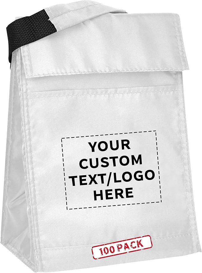 DISCOUNT PROMOS 100 Hook and Loop Insulated Lunch Bags Set - Customizable Text, Logo - Polyester, Durable, Vibrant, Reusable - White