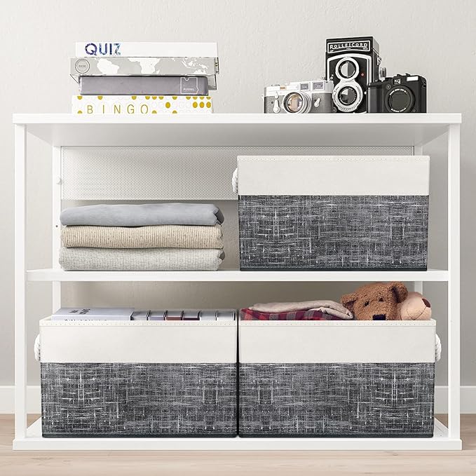 Fab totes Storage Bins [3-Pack], Foldable Storage Baskets for Organizing Toys, Books, Shelves, Closet, Large Storage Box with Rope Handles, Sturdy Organizer Bins, White & Black