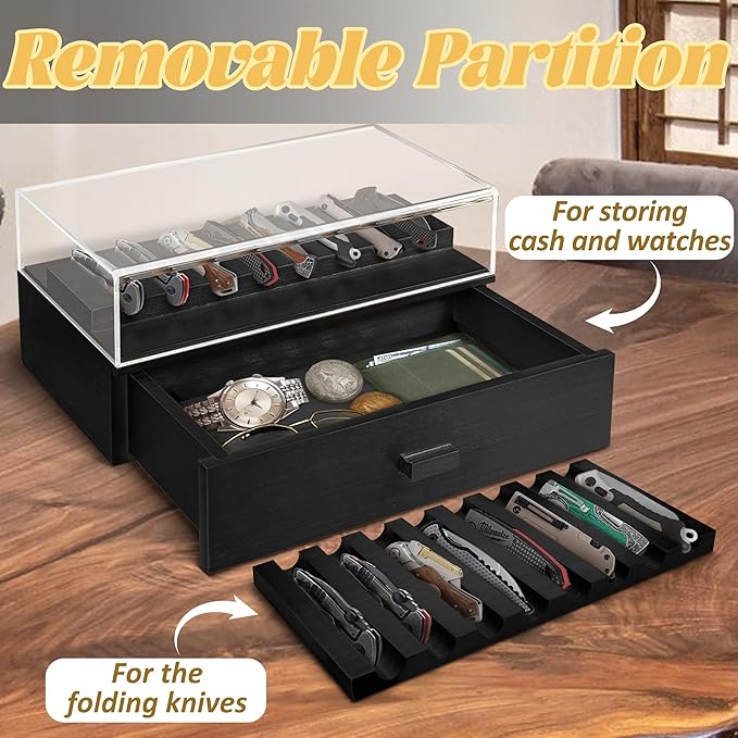 Knife Display Case,2 Tier Wooden Pocket Knife Collection Case with Acrylic Lid, Pocket Knife Storage Drawer Organizer, Black