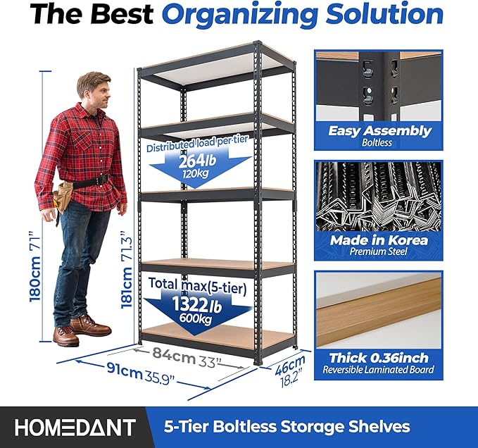 HOMEDANT 5 Tier Laminated Boltless Metal Shelving Unit Adjustable Garage Storage Utility Rack Heavy Duty Shelves Organization Shelf Warehouse Pantry Shed 35.9" W x 18.2" D x 71.3" H 10Pack