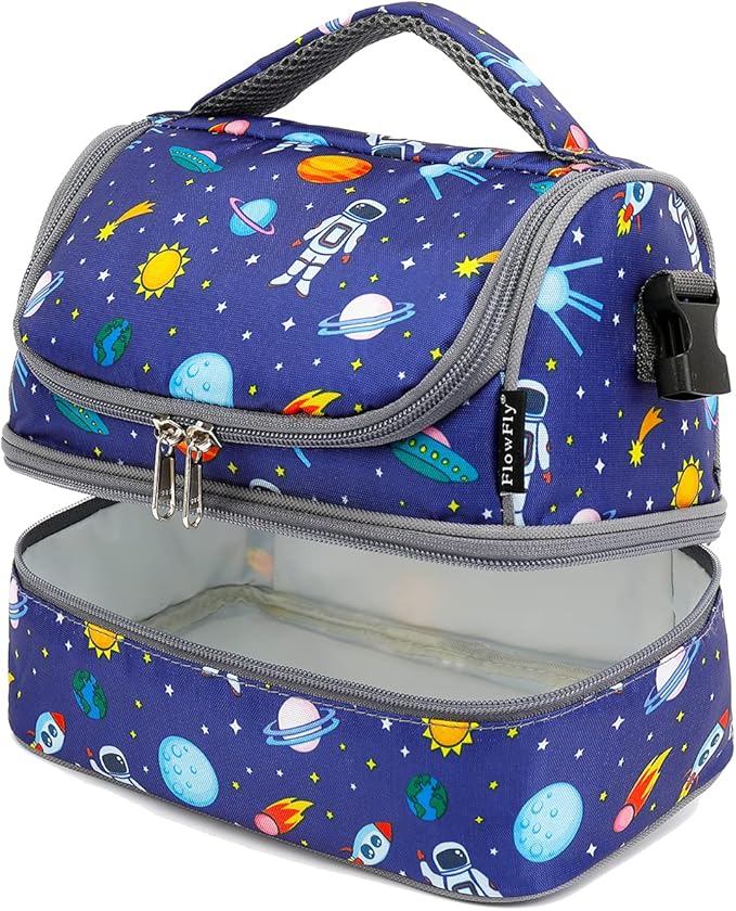 FlowFly Kids Double Decker Cooler Insulated Lunch Bag Large Tote for Boys, Girls, Men, Women, With Adjustable Strap, Astronaut