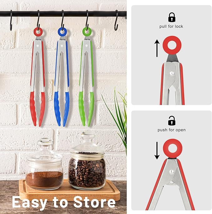 Hotec Mini Silicone Kitchen Tongs for Cooking - 7-Inch Small Serving Tongs with Silicone Tips, Set of 3 (Red,Blue,Green)