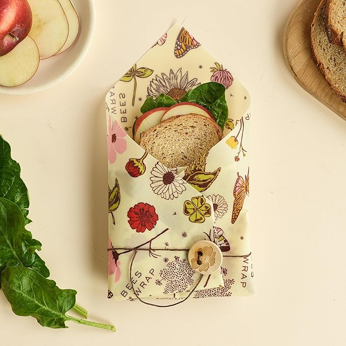 Bee's Wrap Vegan Beeswax Wraps for Food - Vegan Meadow Magic 3 Pack (2M 1 Sandwich) Made in USA Reusable & Organic Food Wraps, Sandwich Wrap - Eco-Friendly Alternative to Aluminum Foil & Plastic Wrap