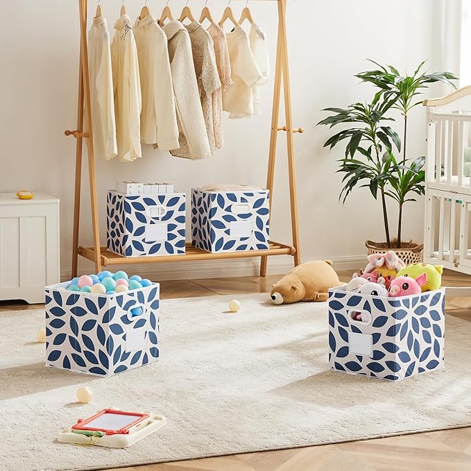 MAX Houser 6 Pack Foldable Fabric Storage Bins with Handles - Ideal for Closet Organization, Bedroom and Nursery（Blue, 12"x12"x12"）