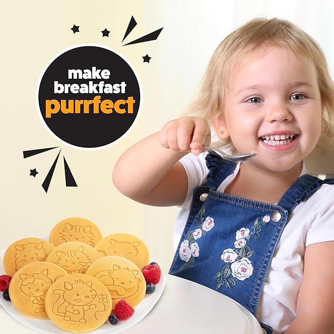 Kitty Friends Mini Pancake Pan - Make 7 Unique Flapjack Cat Designs, Nonstick Pan Cake Maker Griddle w Long Handle for Breakfast Animal Kitten Fun & Easy Cleanup, Fun Xmas Gift for Kids, Party Treat