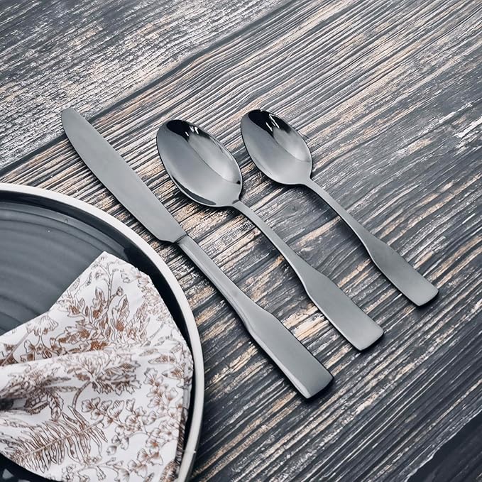 Alata Kate Black Mirror 40-Piece Silverware Set,Service for 8,Stainless Steel Flatware Set,Mirror Cutlery Set,Dishwasher Safe