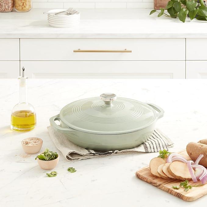 Lodge 3.6 Quart Enameled Cast Iron Covered Casserole with Lid – Dual Handles – Oven Safe up to 500° F or on Stovetop - Use to Marinate, Cook, Bake, Refrigerate and Serve – Desert Sage