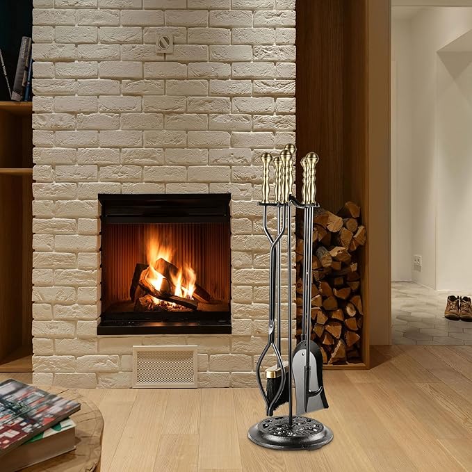 5 Pieces Fireplace Tools Sets Wrought Iron Firewood Kit with Handle Durable Tool Set and Holder for Fire Pit Stand Indoor Tong Shovel Poker Brush Firewood Accessories (Brass)