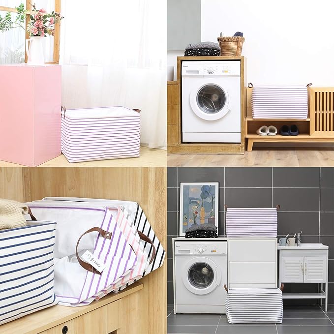 Hinwo 2-Pack Extra Large Canvas Fabric Storage Baskets with Handles, 70L Oversized Storage Bins, Collapsible Storage Box, Clothes, Toys, Blankets Organizers, 22 x 15 x 13 inches, (Purple Stripe)