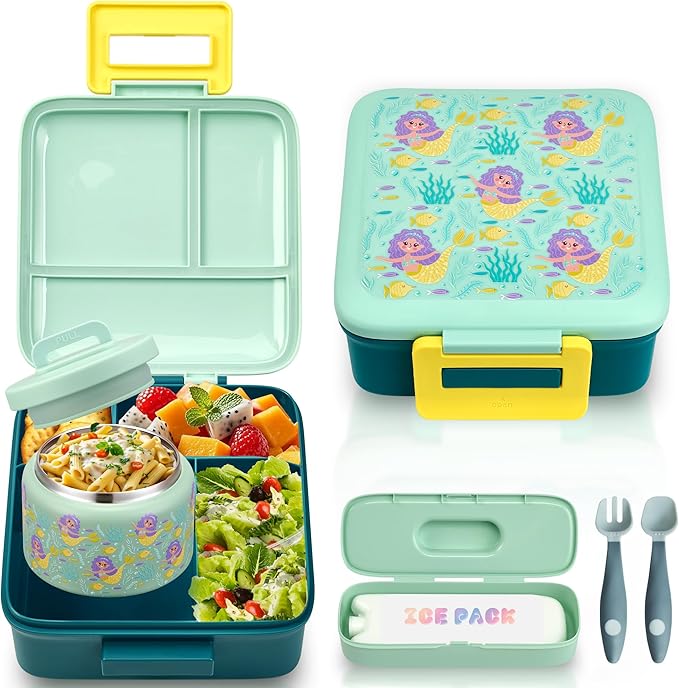 Bento Lunch Box for Kids with 8oz Soup Thermo Leak-Proof Lunch Food Containers with Snack Sauce Container for Kid Toddler Girls Boys to School (Yellow Mermaid)