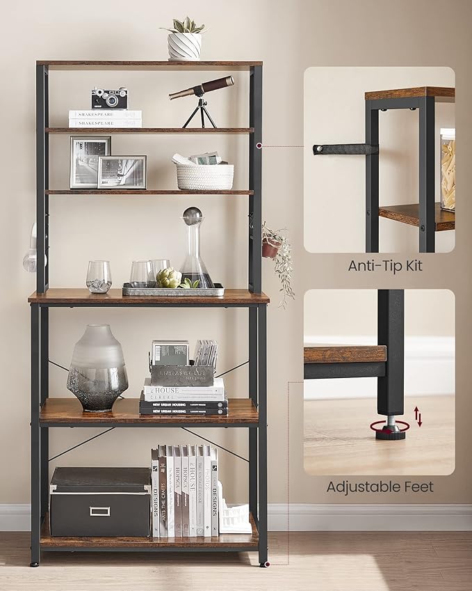 VASAGLE Coffee Bar, 31.5 Inches Baker's Rack for Kitchen with Storage, 6-Tier Kitchen Shelves with 6 Hooks, Microwave Stand, Industrial, Rustic Brown and Black UKKS019B01