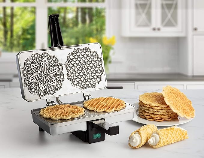 Pizzelle Maker- Polished Electric Holiday Baker Press Makes Two 5-Inch Cookies at Once- Christmas Baking Supplies for Party- Italian Dessert Treat Making with Recipe Guide- Cookie Swap Gift for Her