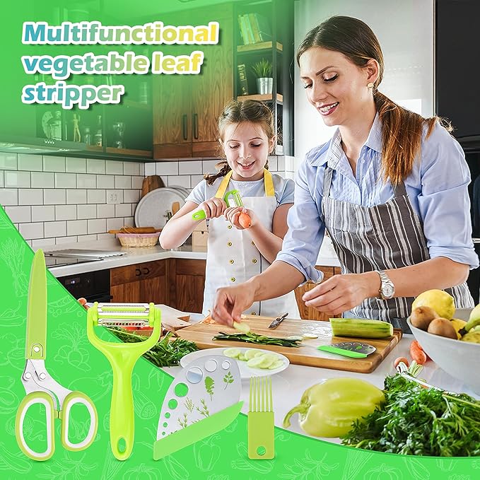 VlBlRlIT2025 Upgraded Herb Scissor,Leaf Stripper,Stainless Steel 5Blade Kitchen Scissors,Peelers for Kitchen,forChopping Chive,Vegetables,Salad,collard Greens,Parsley,Rosemary As Christmas gifts Green