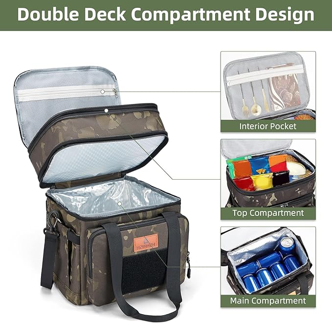 HSHRISH Lunch Box for men, Large Expandable Insulated Lunch Bag, Durable Waterproof Leakproof Tactical Cooler Bag for Men Work Beach Picnic Trips, 24 Cans/16 L, Black-Camo