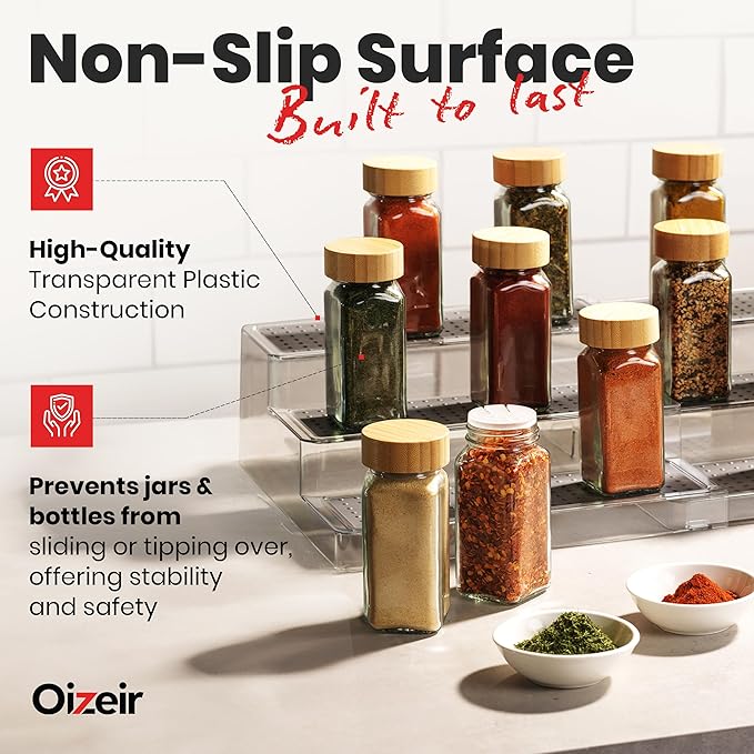 Expandable Spice Organizer Rack - 3-Tier - Clear Adjustable Tiered Shelf Spices Organization for Kitchen Cabinet and Pantry Storage