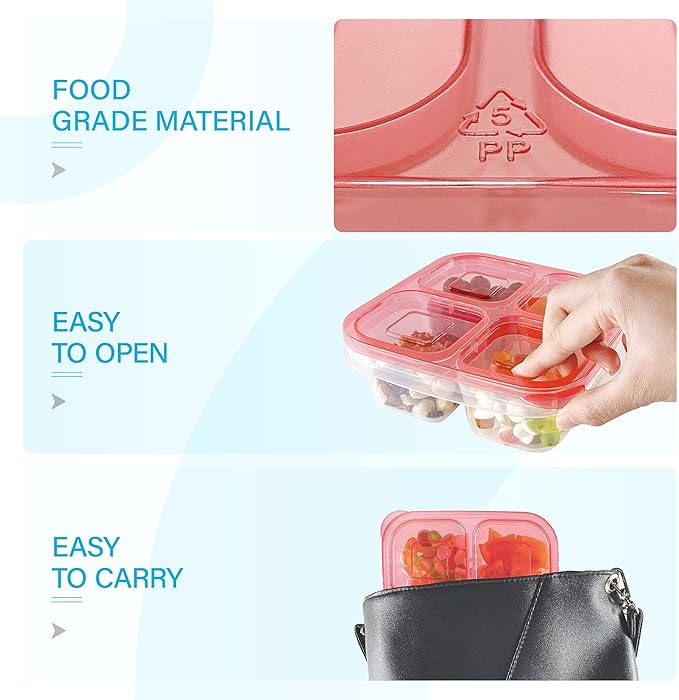 Finorder 6 Pack 4-Compartment Food Containers, Reusable Snack Containers for Kids Adults School Work Picnic Trip, Lunch Bento Box Meal Prep Containers (Dark Color Set)