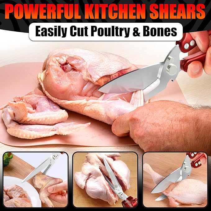 4-in-1 Kitchen Shears Heavy Duty – Sharp Seafood, Turkey Shears & Chicken Scissors with Non-Slip Metal Handle & Micro-Serrated Blades for Meat – Spring-Loaded Bone Cutting Scissors with Safety Lock