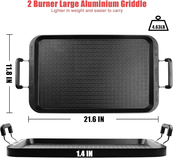 22"x12" Large Family Griddle Pan - Double Burner Griddle Comals Para Tortillas Grande, Non-Stick PFOA-Free Aluminum Grill Pan for Gas Stove/electric stovetops/Indoor/Outdoor Camping