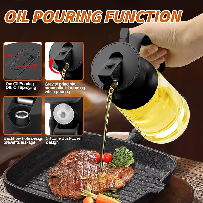 YARRAMATE Large Capacity 2 in 1 Oil Sprayer for Cooking with Measuring, 18oz/550ml Olive Oil Dispenser for Kitchen, Food-grade Oil Spritzer Bottle for Air Fryer, Salad BBQ (Black)