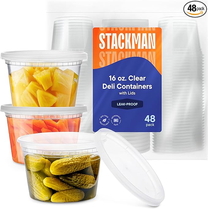 Deli Containers with Lids [48 Sets - 16 oz.] Pint Plastic Soup Container - Disposable Deli Food Storage Containers with Airtight Lids for Freezer & Restaurant Takeout