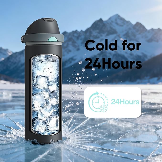 Insulated Water Bottle with Straw - Encool Stainless Steel Water Bottle with Push Button Lid, Leak-Proof & BPA-Free, Keeps Cold for 24 Hours for Sports, Travel, Gym (24 oz, Tuna Grey-Green)