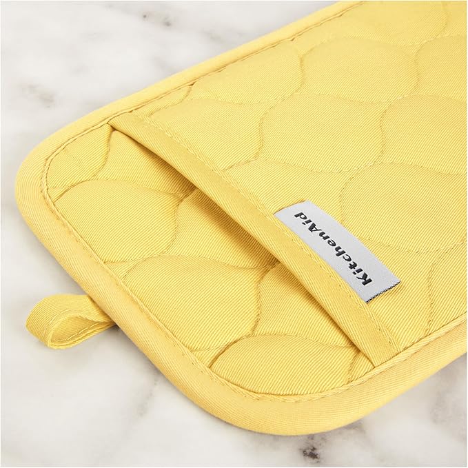 KITCHENAID Quilted Cotton Terry Cloth Oven Mitt, Pot Holder, Kitchen Towel 4-Pack Set, Heat Resistant, Silicone Grip, 16"x26", 7"x13" & 7"x10", Butter Yellow