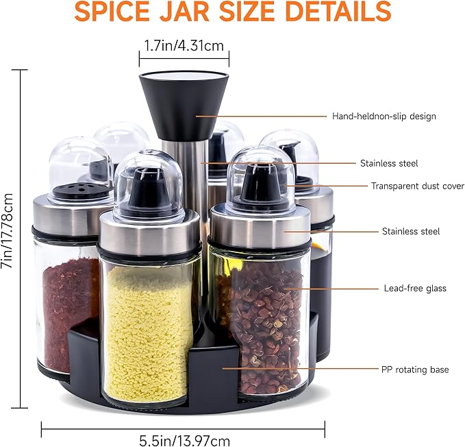 Mlici Oil and Vinegar Dispenser Set of 6 Bottles, Stainless Steel Salt Pepper Holder with 360° Rotating Holder, Cruet Soy Sauce - Premium Glass Condiment for Kitchen, Tabletop, Kitchen Containers