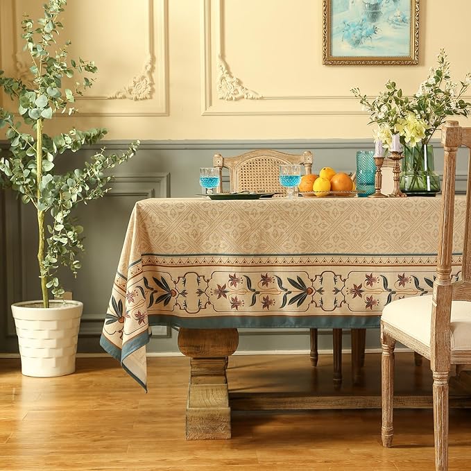 patdrea Designer Beige French Linen Tablecloth for Square Table,Anti-Wrinkle Durable Floral Table Cloth,Dacorative Cover for Kitchen Dining,Tea Party,Christmas,Thanksgiving,67"x67"-Fram