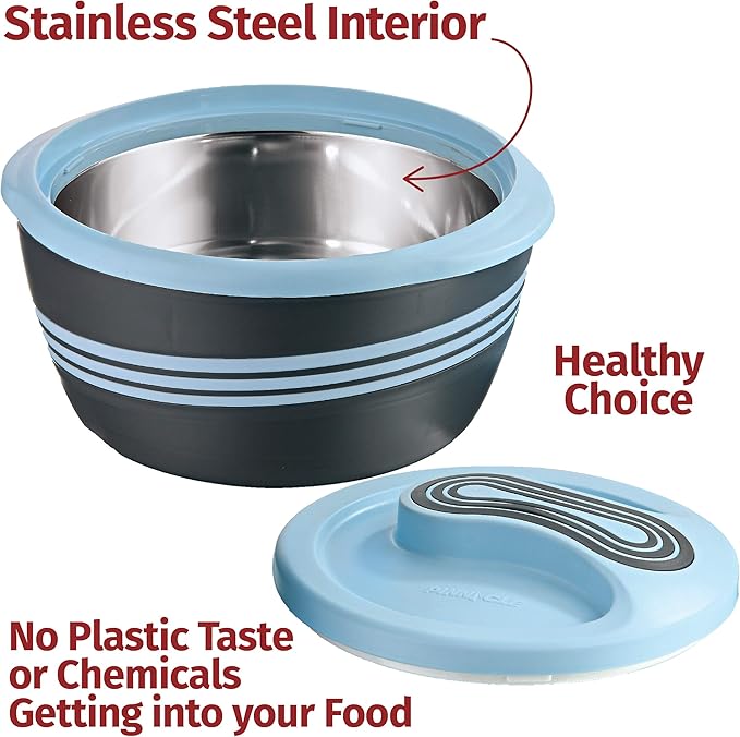 Pinnacle Insulated Casserole Dish with Lid 3 pc. Set 2.6/2/1 qt. Hot Pot Food Warmer/Cooler –Thermal Soup/Salad Serving Bowl- Stainless Steel Hot Food Container–Best Gift Set for Moms –Holidays Blue